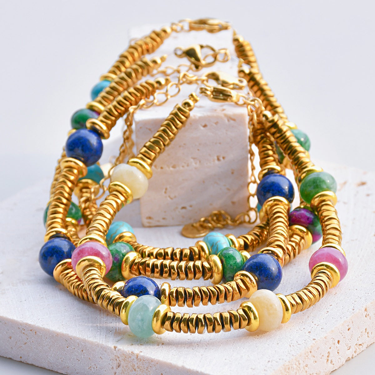 Wholesale Retro texture color natural stone stitching titanium steel bracelet
